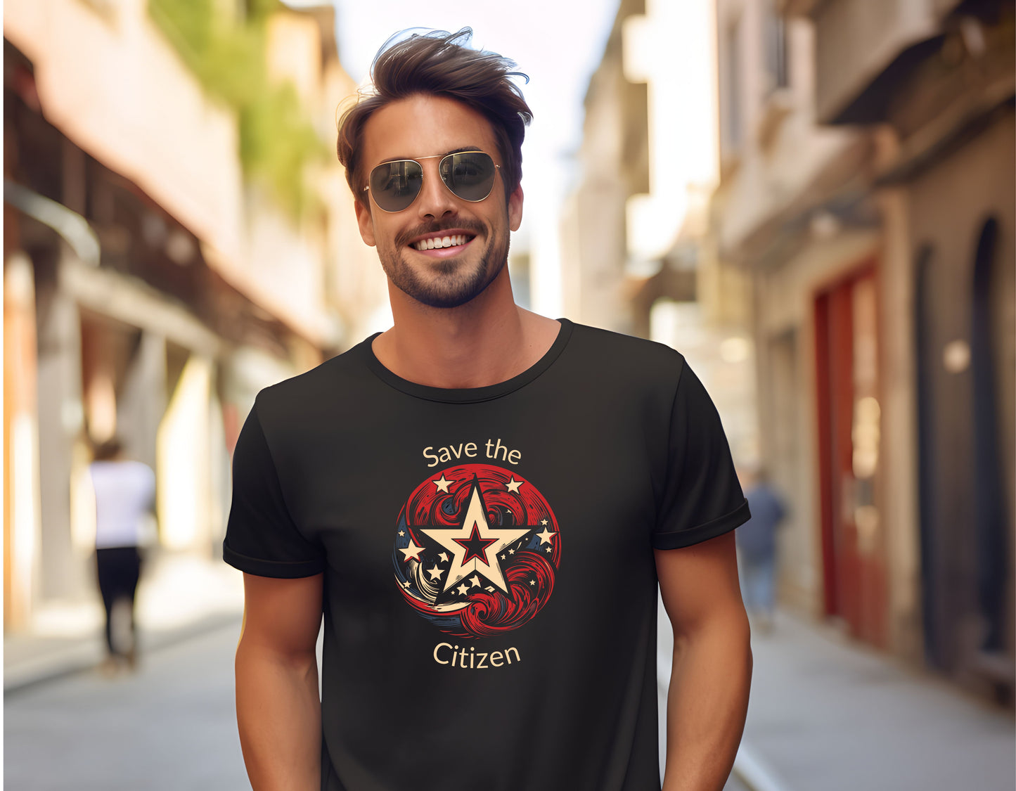 Save the citizen with a star and swirling red waves. Black tshirt