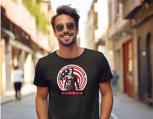 Featuring a powerful silhouette against the backdrop of the stars and stripes, this tee captures the essence of valor. It's designed for those who resonate with the warrior spirit.