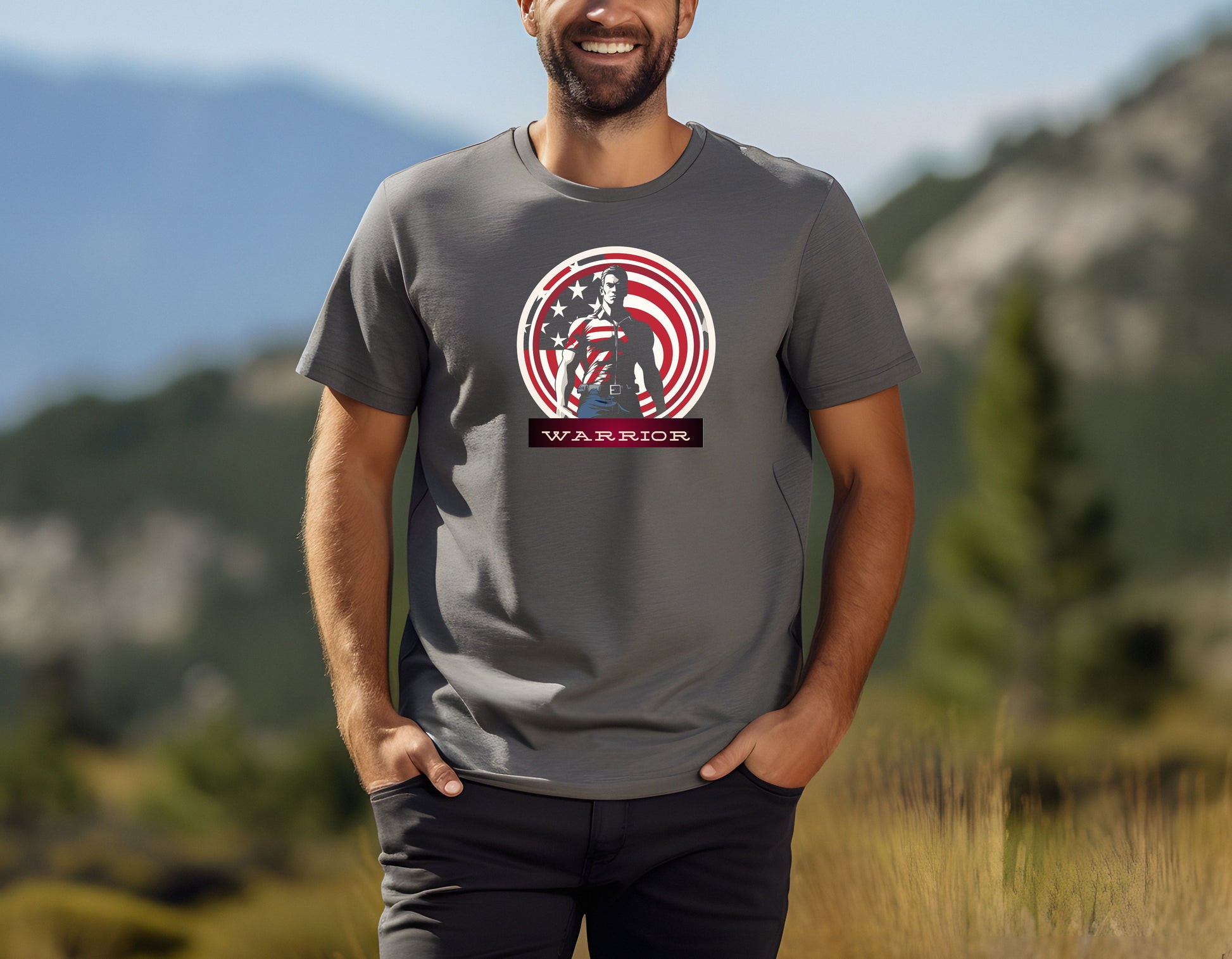 Featuring a powerful silhouette against the backdrop of the stars and stripes, this tee captures the essence of valor. It's designed for those who resonate with the warrior spirit.