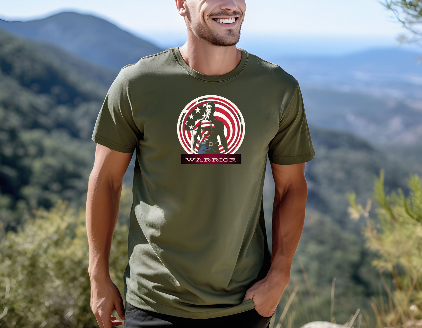 Featuring a powerful silhouette against the backdrop of the stars and stripes, this tee captures the essence of valor. It's designed for those who resonate with the warrior spirit.