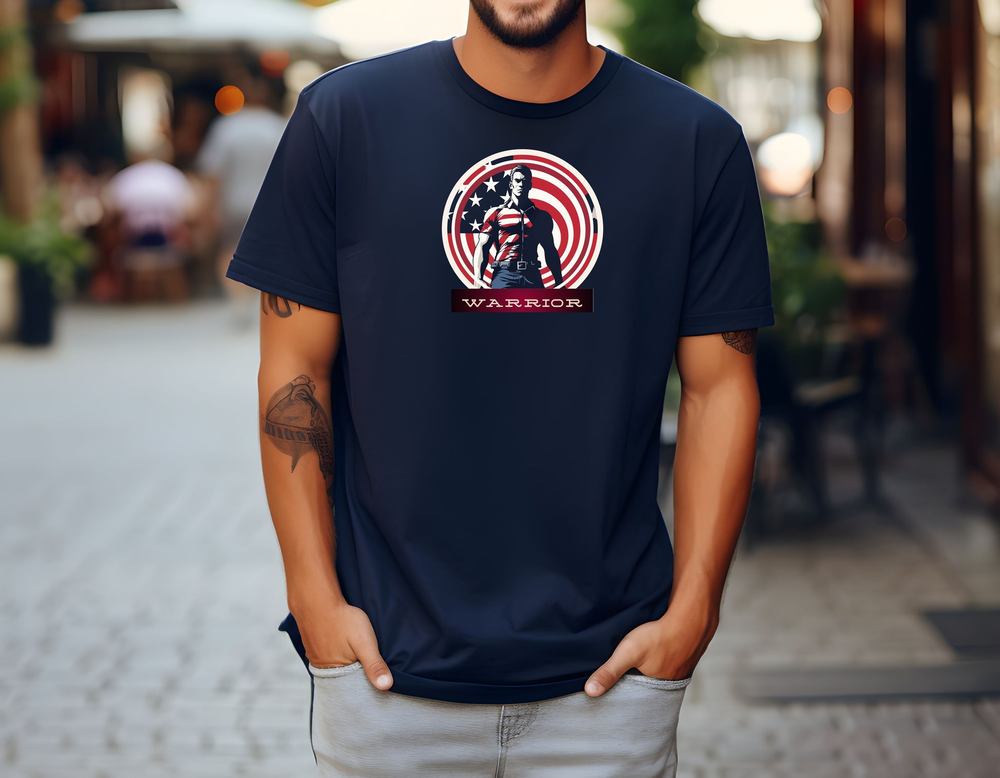 Featuring a powerful silhouette against the backdrop of the stars and stripes, this tee captures the essence of valor. It's designed for those who resonate with the warrior spirit.