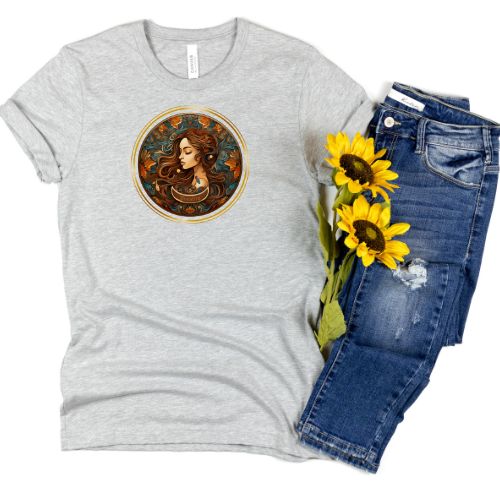 A girl in a garden, just breathing and being. athletic heather tee shirt