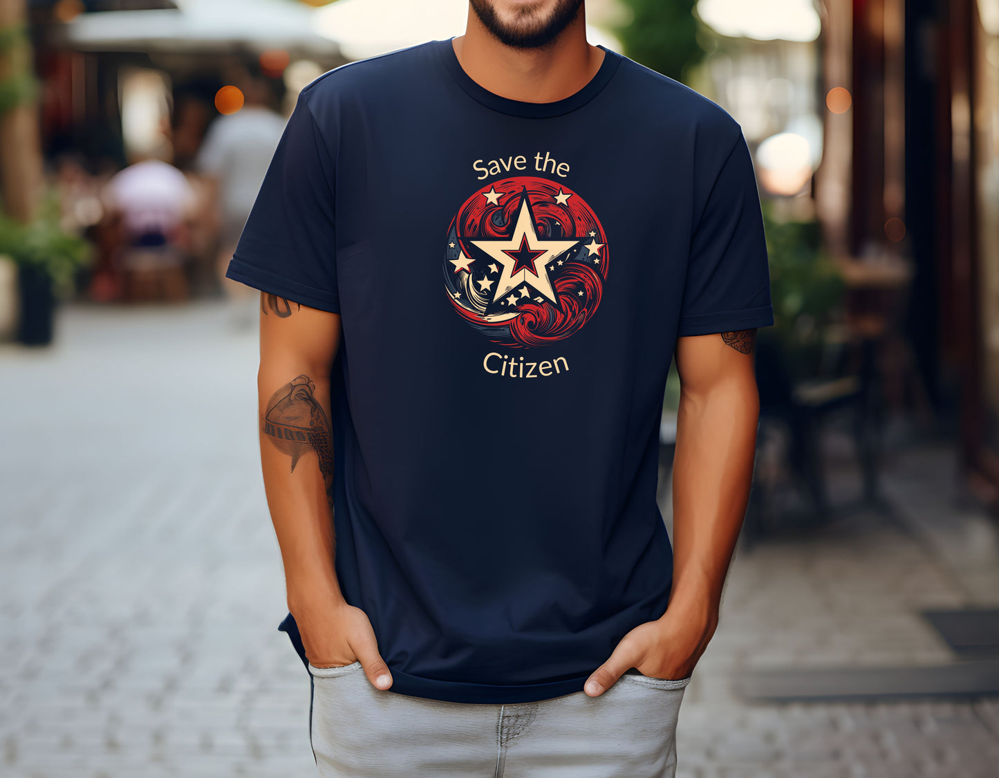 Save the citizen with a star and swirling red waves. Navy tshirt