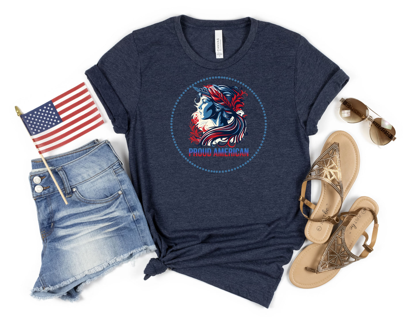 Proud American woman on a midnight Heather navy tshirt.