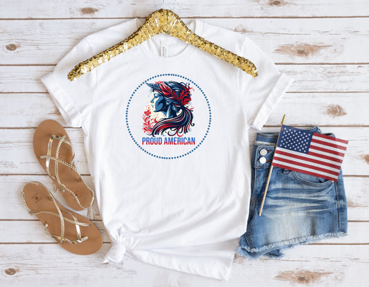 Proud American woman on a white tshirt.