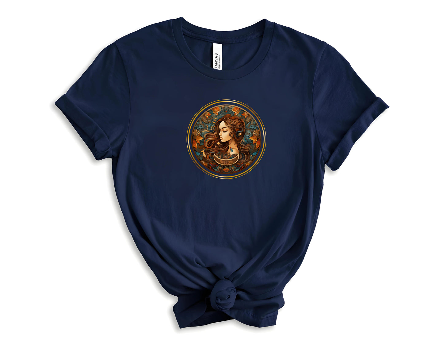 A girl in a garden, just breathing and being. navy tee shirt