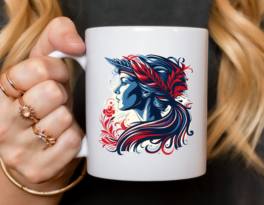 Liberty's Gaze, a girl with feathers in her hair, tied back in a pony tail, gazes towards the words on the other side of the mug which read, the energy that creates the world is flowing through you.