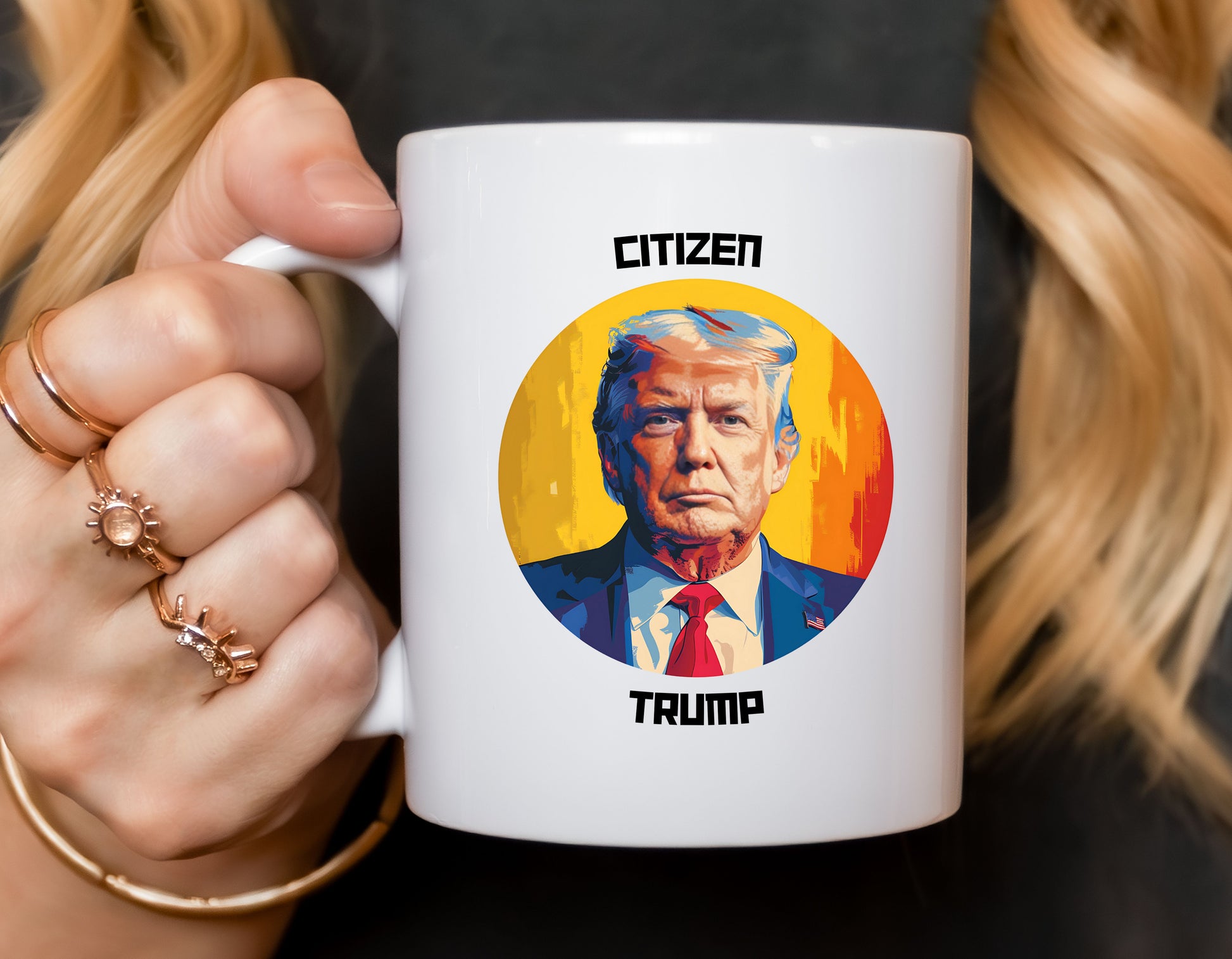 Citizen Trump mug on a colorful background.