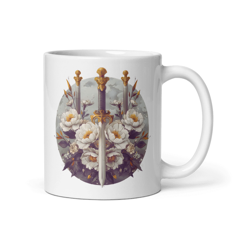 Floral Valor White glossy mug, sword and rose mug, valiant mug, knight mug, freedom is precious, freedom is special, warrior mug