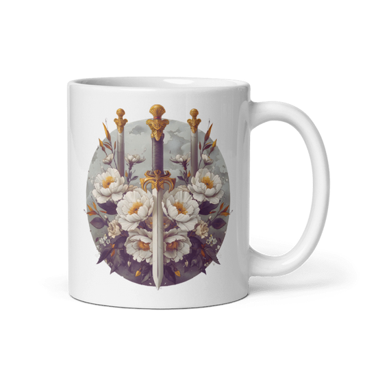 Floral Valor White glossy mug, sword and rose mug, valiant mug, knight mug, freedom is precious, freedom is special, warrior mug