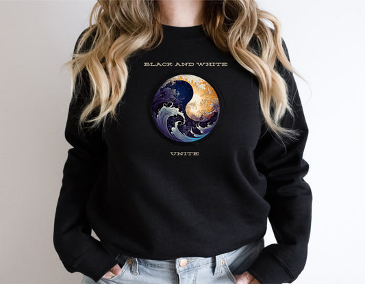 Harmony in Contrast Unisex Premium Sweatshirt, black and white unite sweatshirt, yin and yang graphic design, harmony is balance sweathshirt, yoga sweatshirt, unity graphic design