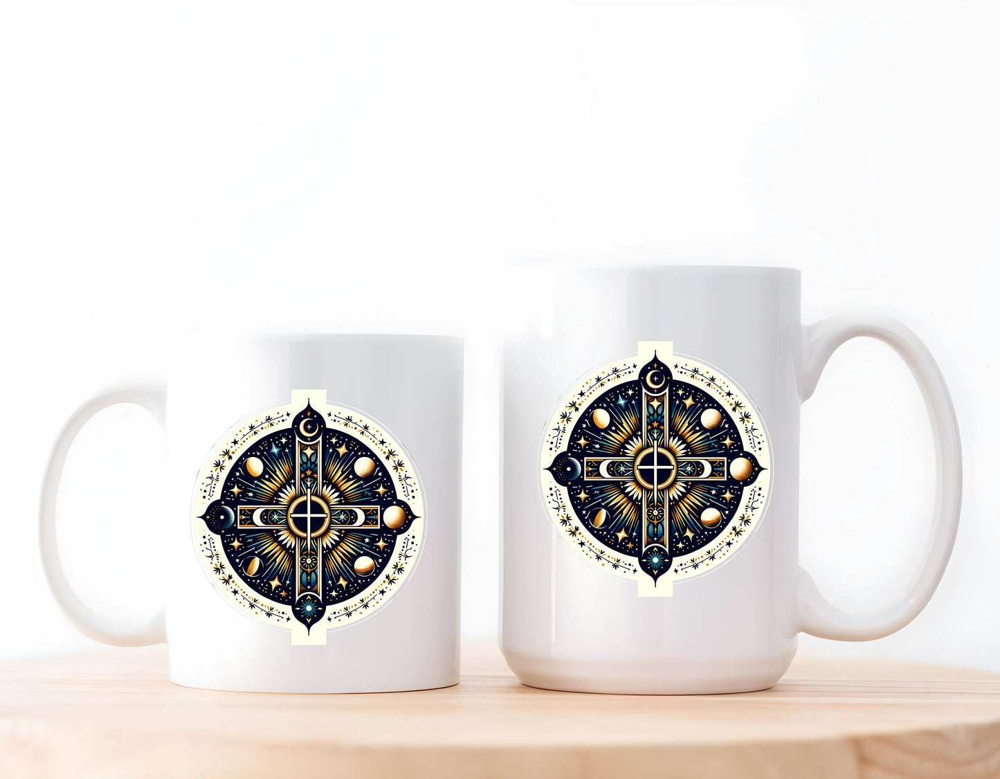 Symbols of the spiritual universe on an 11 ounce and 15 ounce mug.