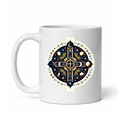 Symbols of the spiritual universe on 11 and 15 ounce mug sizes.