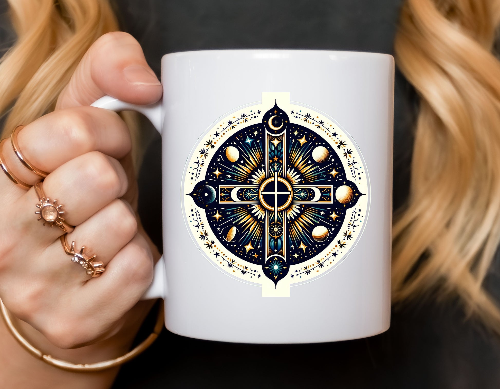 Spiritual symbols on our celestial elegance mug.