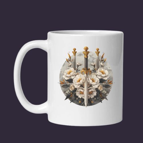 Floral Valor White glossy mug, sword and rose mug, valiant mug, knight mug, freedom is precious, freedom is special, warrior mug