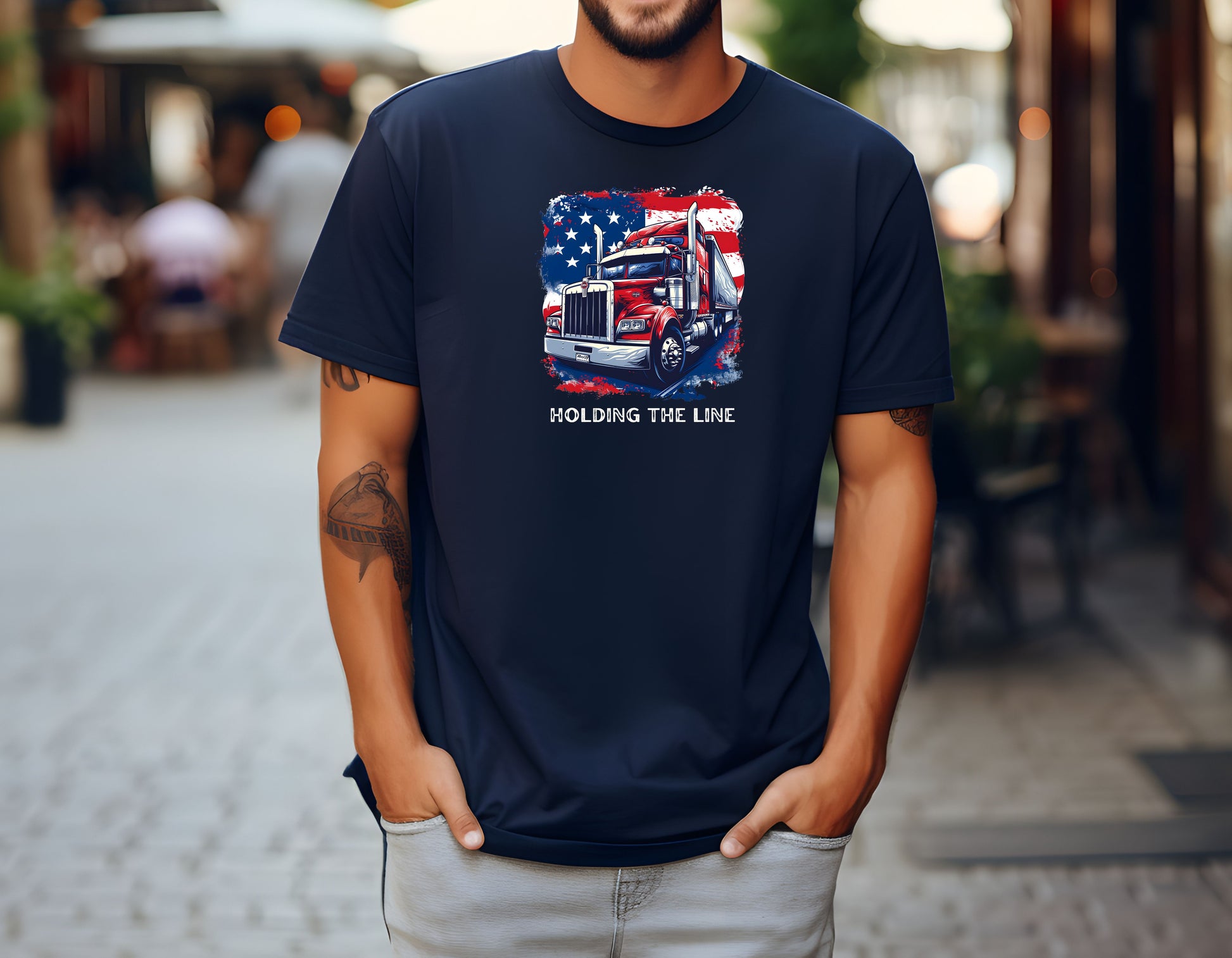 Navy blue tshirt, holding the line, red, white and blue trucker pride