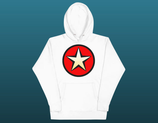 A golden star, with a red background within a circle, as a badge.  White hoodie with pockets