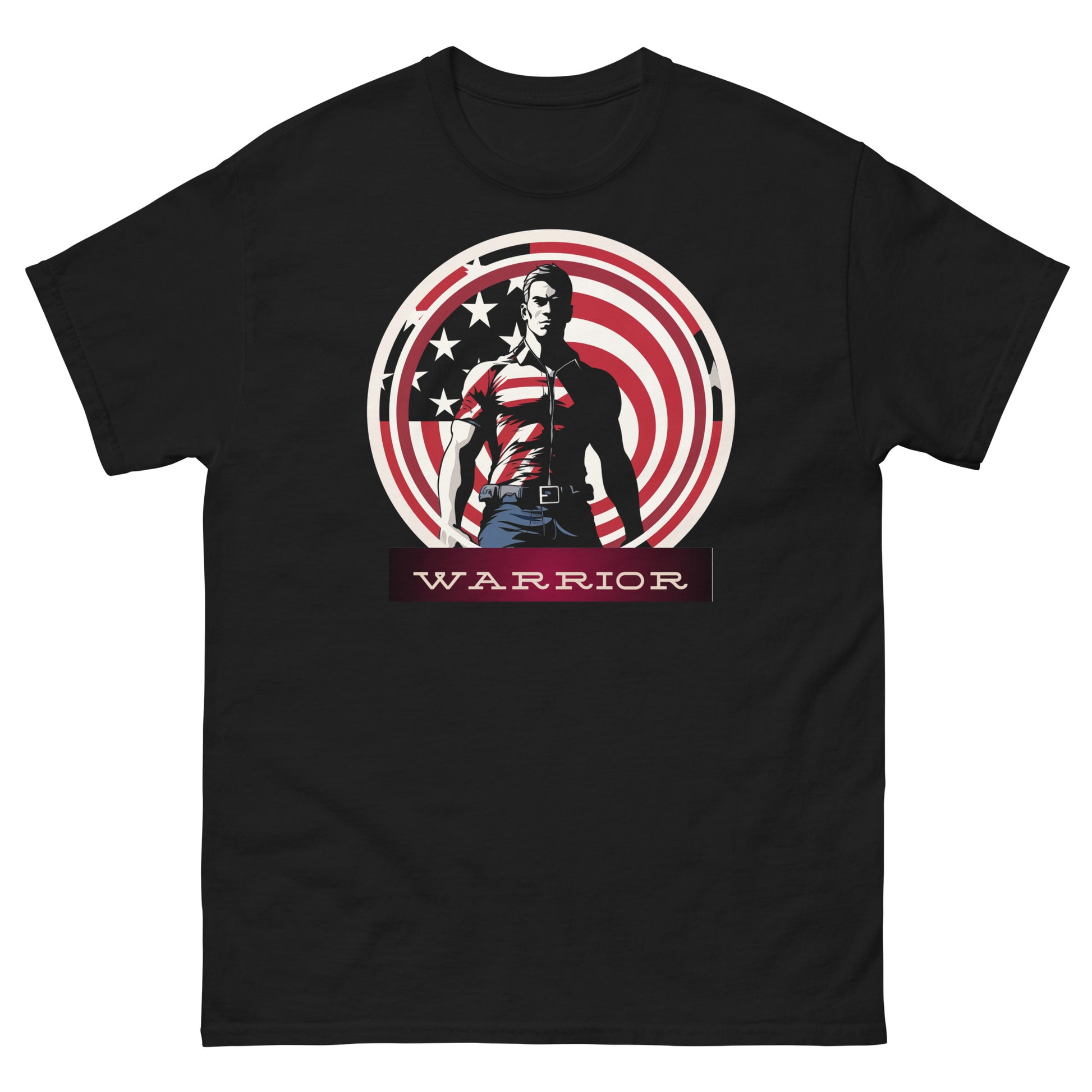 Featuring a powerful silhouette against the backdrop of the stars and stripes, this tee captures the essence of valor. It's designed for those who resonate with the warrior spirit.