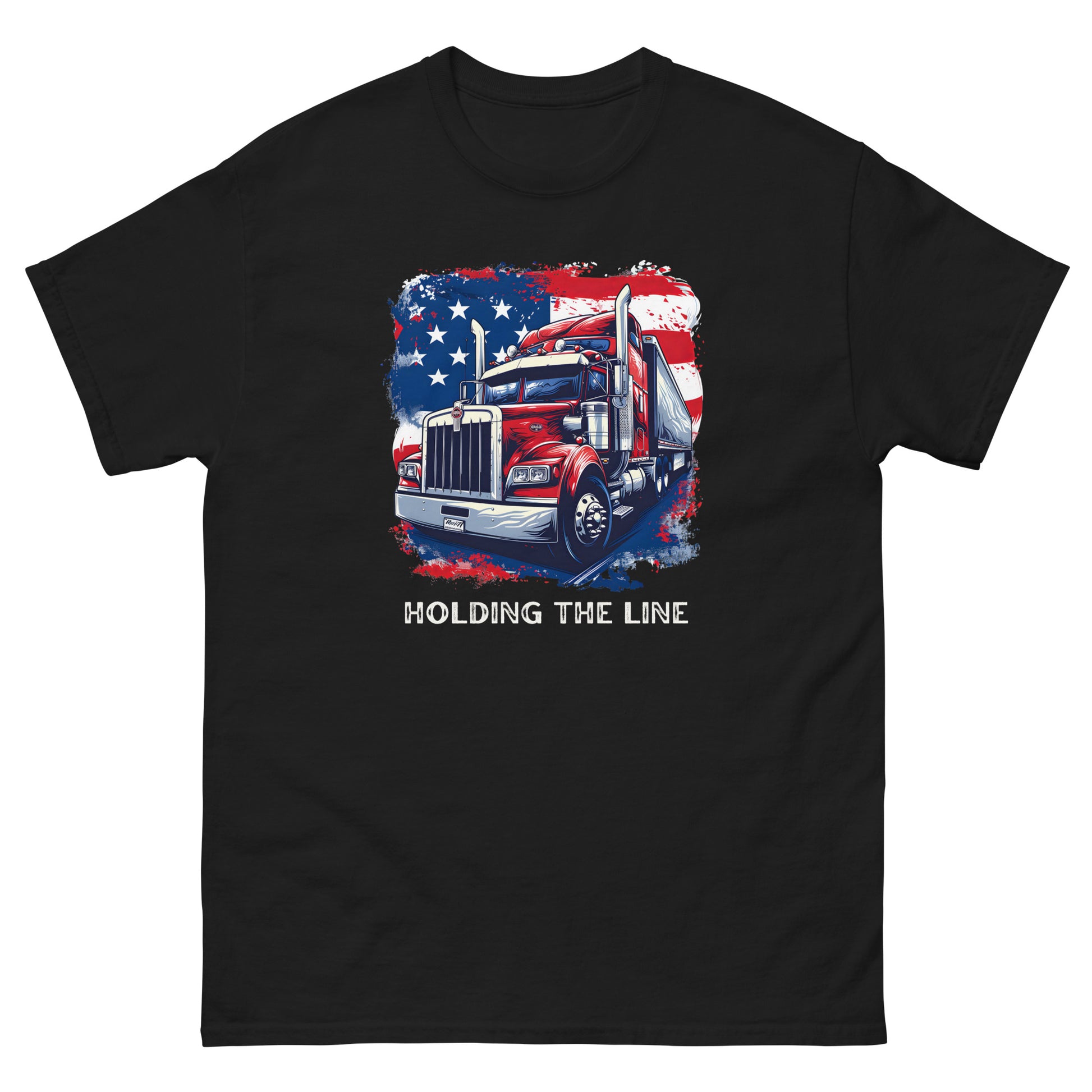 black tshirt, holding the line, red, white and blue trucker pride