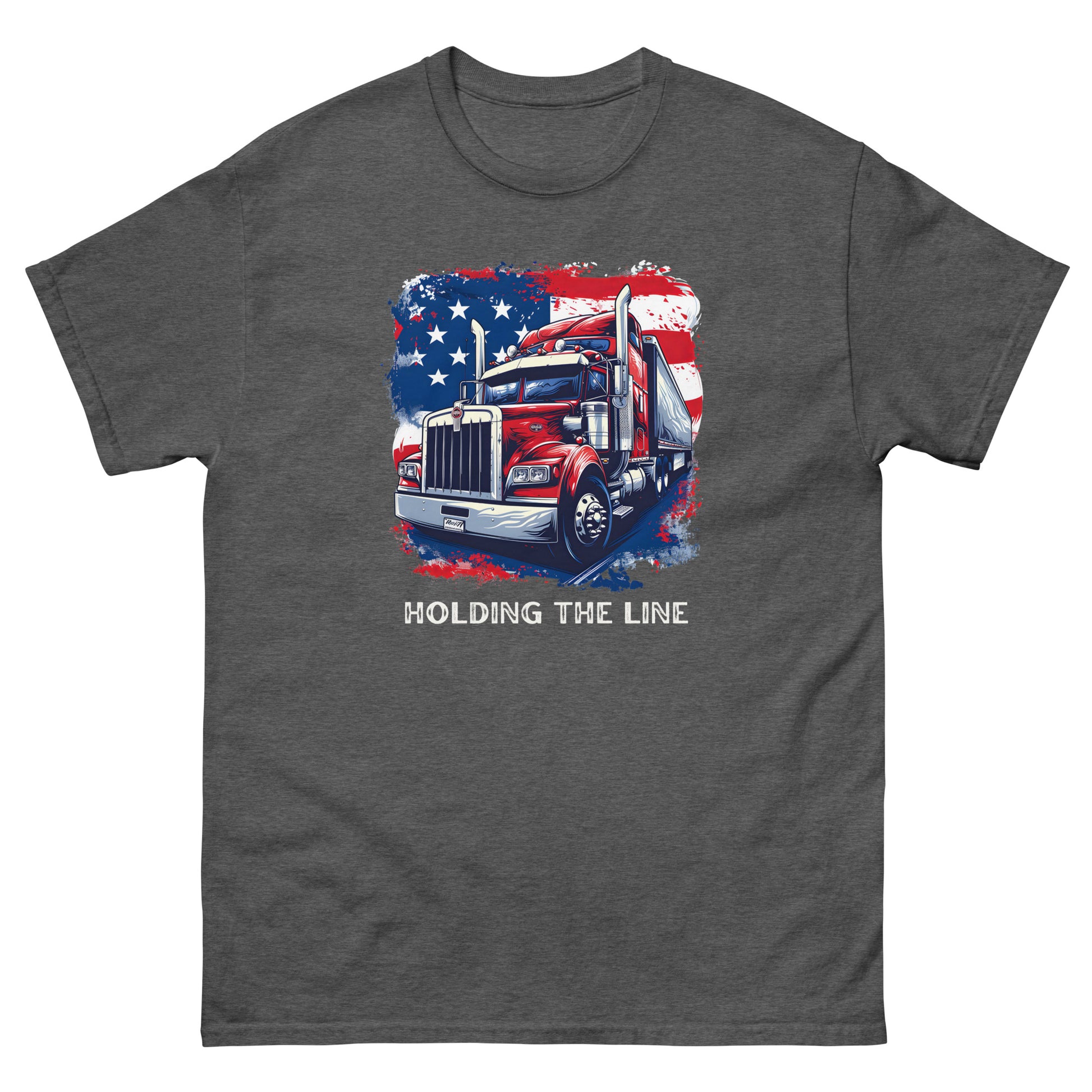 Dark heather tshirt, holding the line, red, white and blue trucker pride