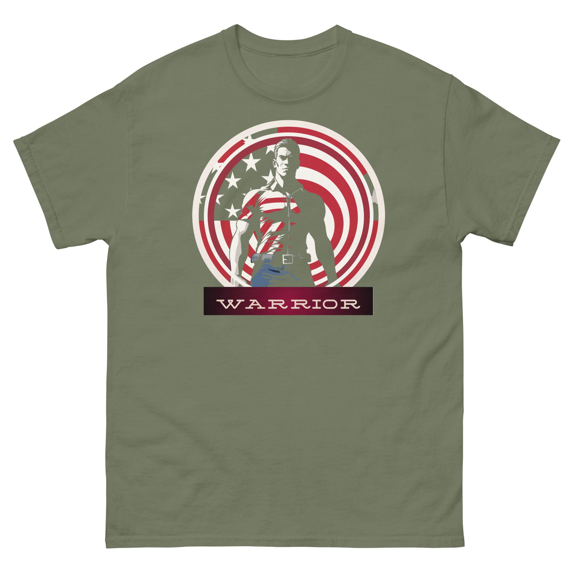 Featuring a powerful silhouette against the backdrop of the stars and stripes, this tee captures the essence of valor. It's designed for those who resonate with the warrior spirit.