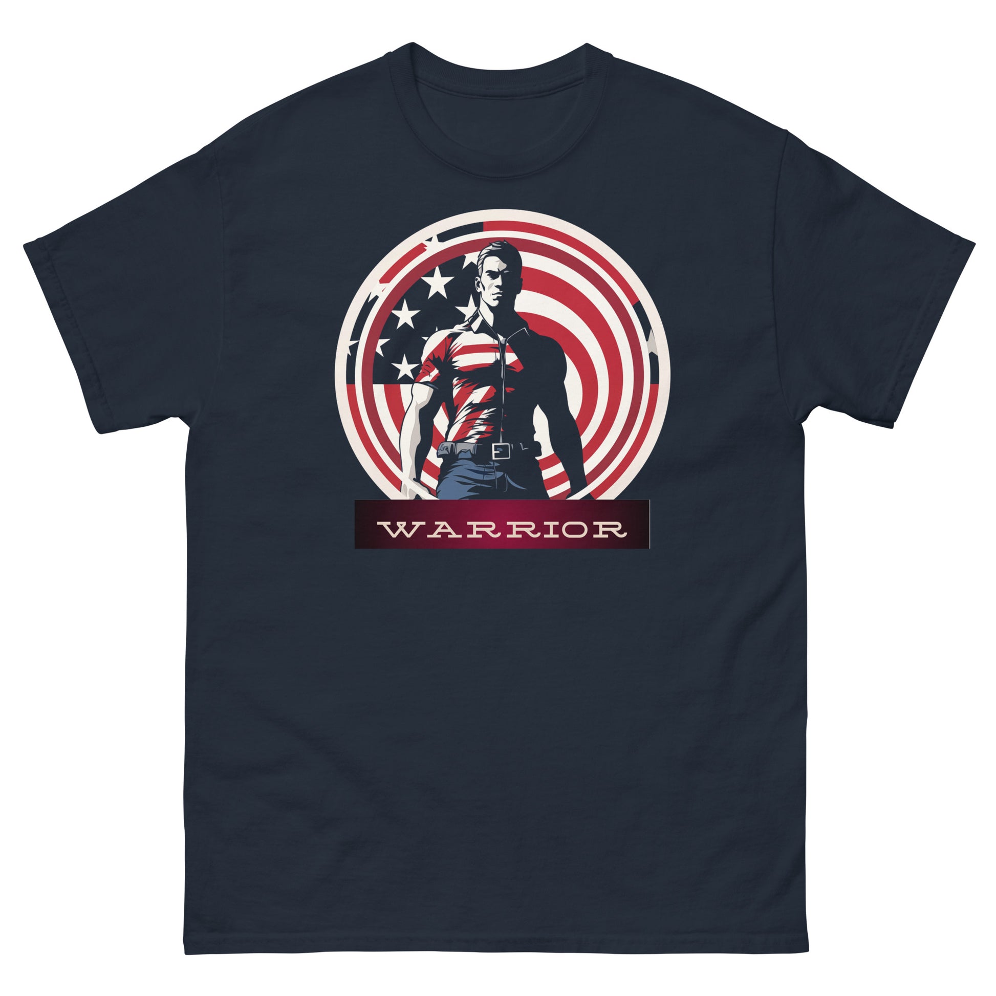 Featuring a powerful silhouette against the backdrop of the stars and stripes, this tee captures the essence of valor. It's designed for those who resonate with the warrior spirit.