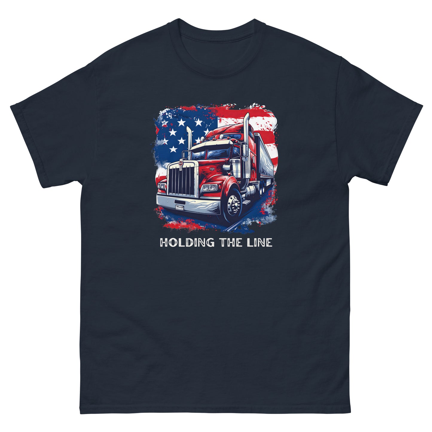 Navy blue tshirt, holding the line, red, white and blue trucker pride