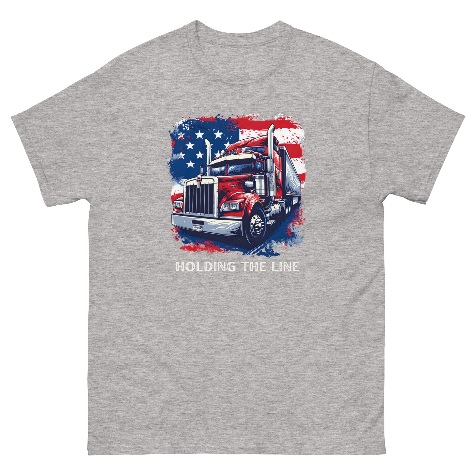 sport grey tshirt, holding the line, red, white and blue trucker pride