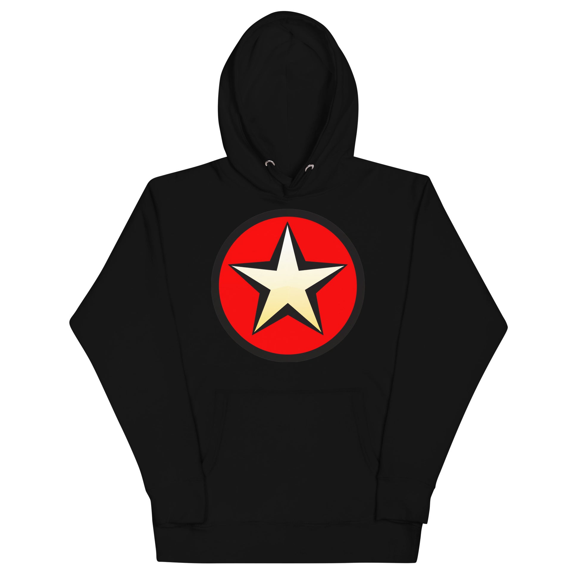 A golden star, with a red background within a circle, as a badge. Black hoodie with pockets