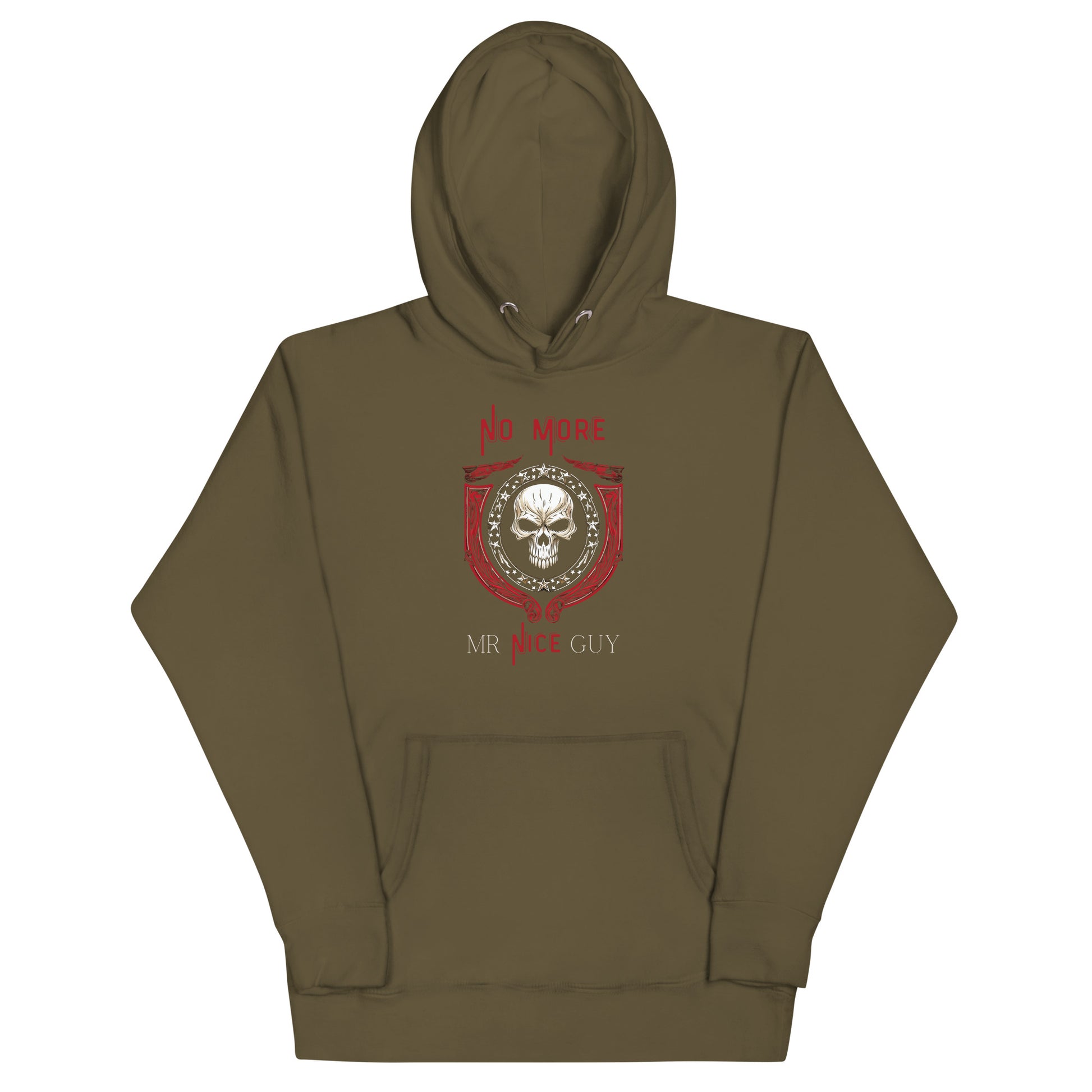 No more Mr Nice Guy, we're not playing around. Military green hoodie shown