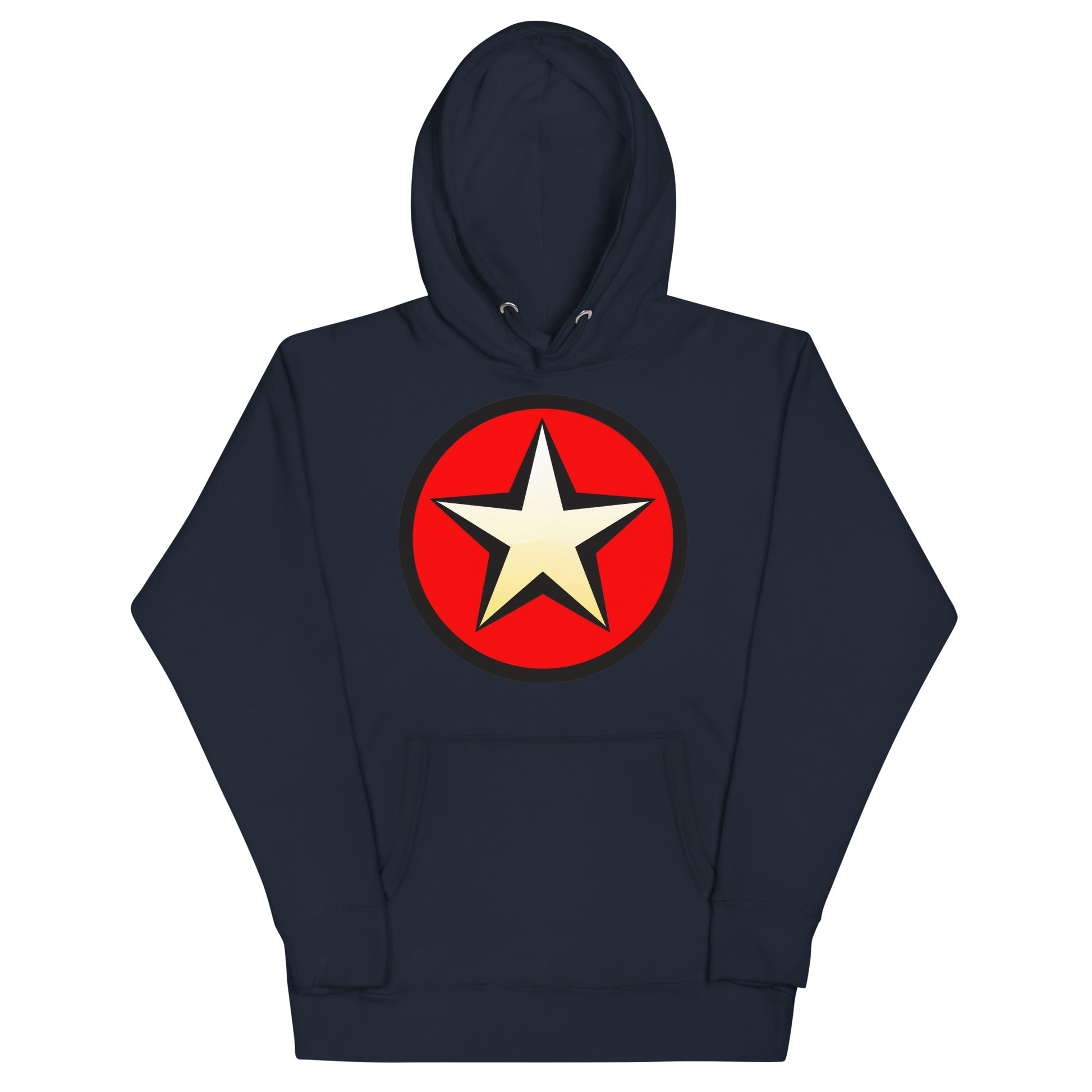 A golden star, with a red background within a circle, as a badge. Navy hoodie with pockets