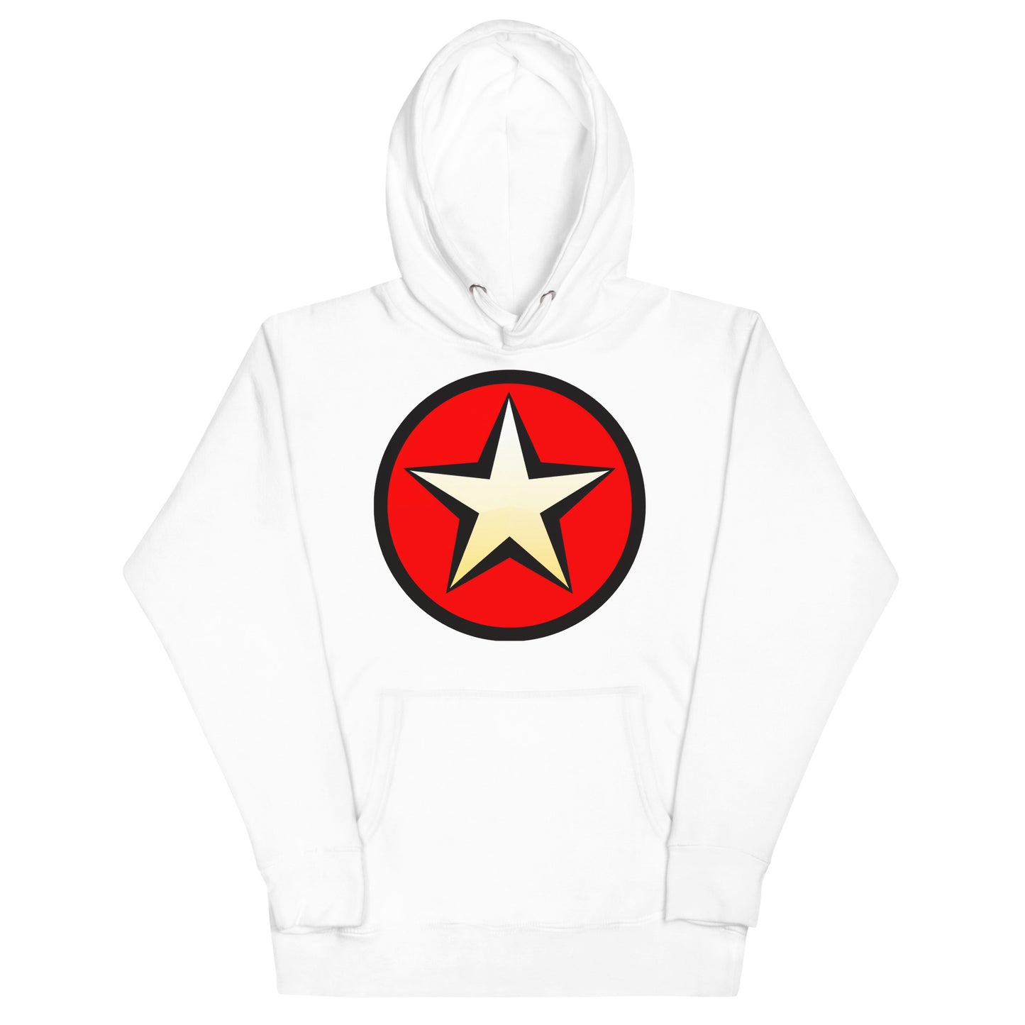 A golden star, with a red background within a circle, as a badge. White hoodie with pockets