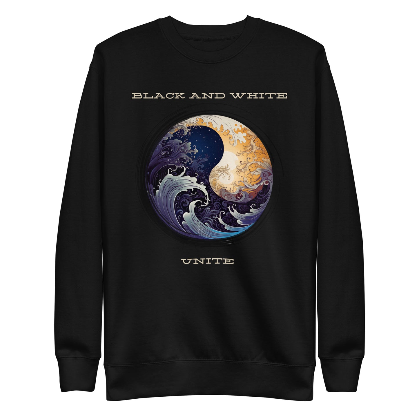 Harmony in Contrast Unisex Premium Sweatshirt, black and white unite sweatshirt, yin and yang graphic design, harmony is balance sweathshirt, yoga sweatshirt, unity graphic design