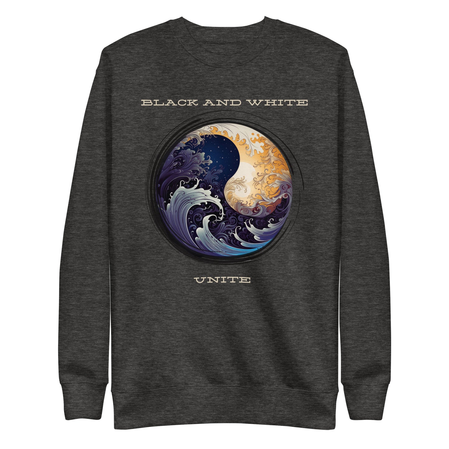 Harmony in Contrast Unisex Premium Sweatshirt, black and white unite sweatshirt, yin and yang graphic design, harmony is balance sweathshirt, yoga sweatshirt, unity graphic design