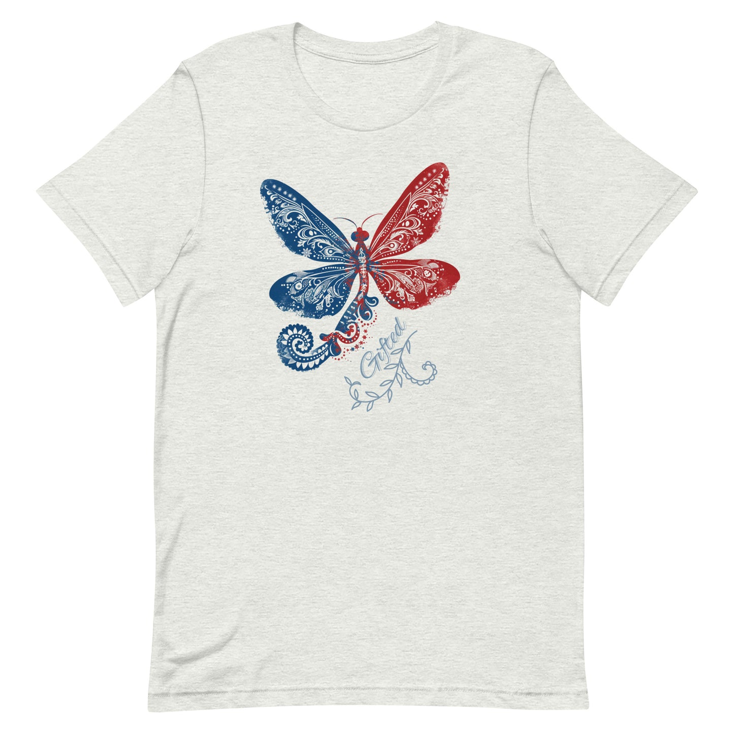 red white and blue believer tshirt with an image of a dragonfly