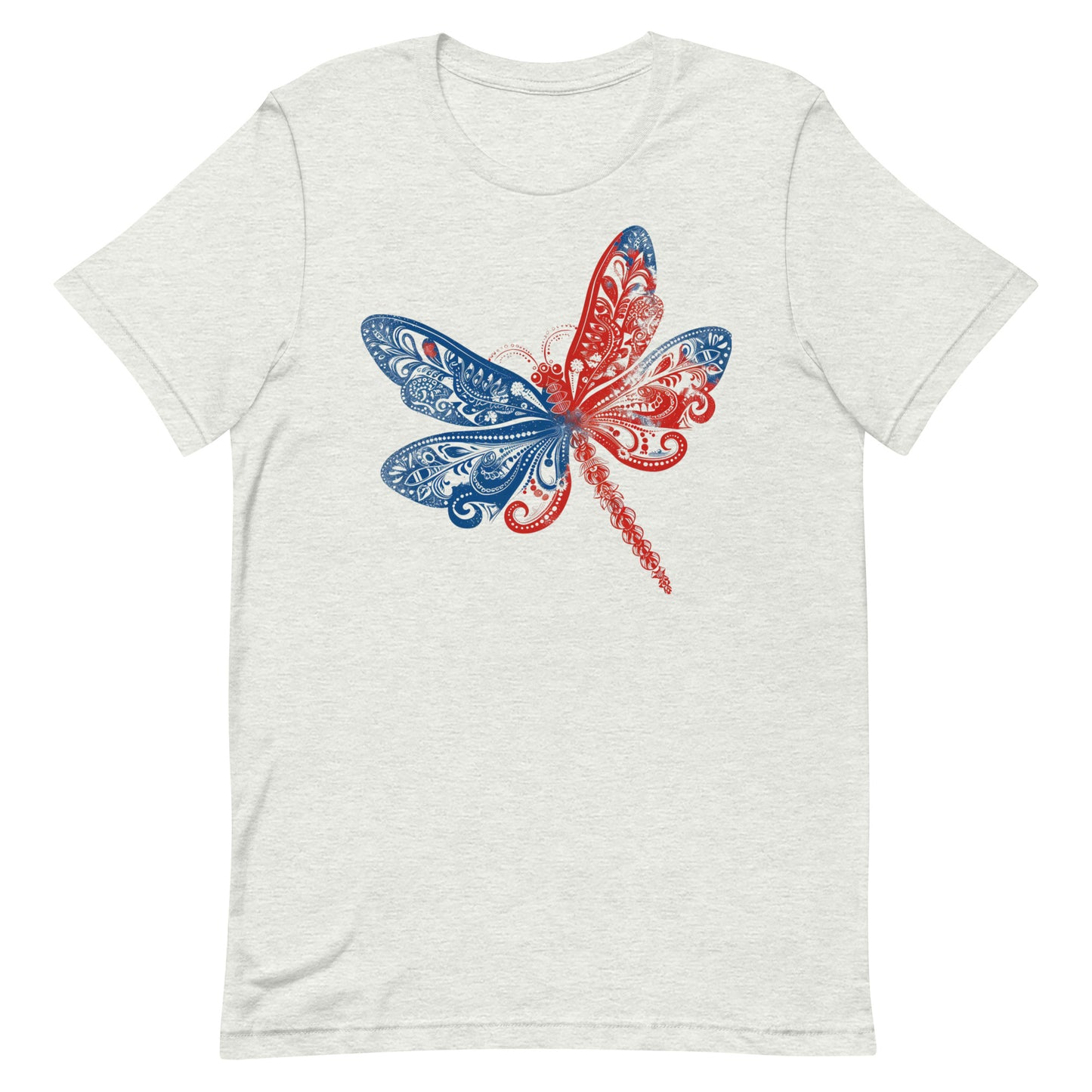 This tshirt has a vibrant red, white, and blue design featuring a graceful dragonfly is sure to catch attention.