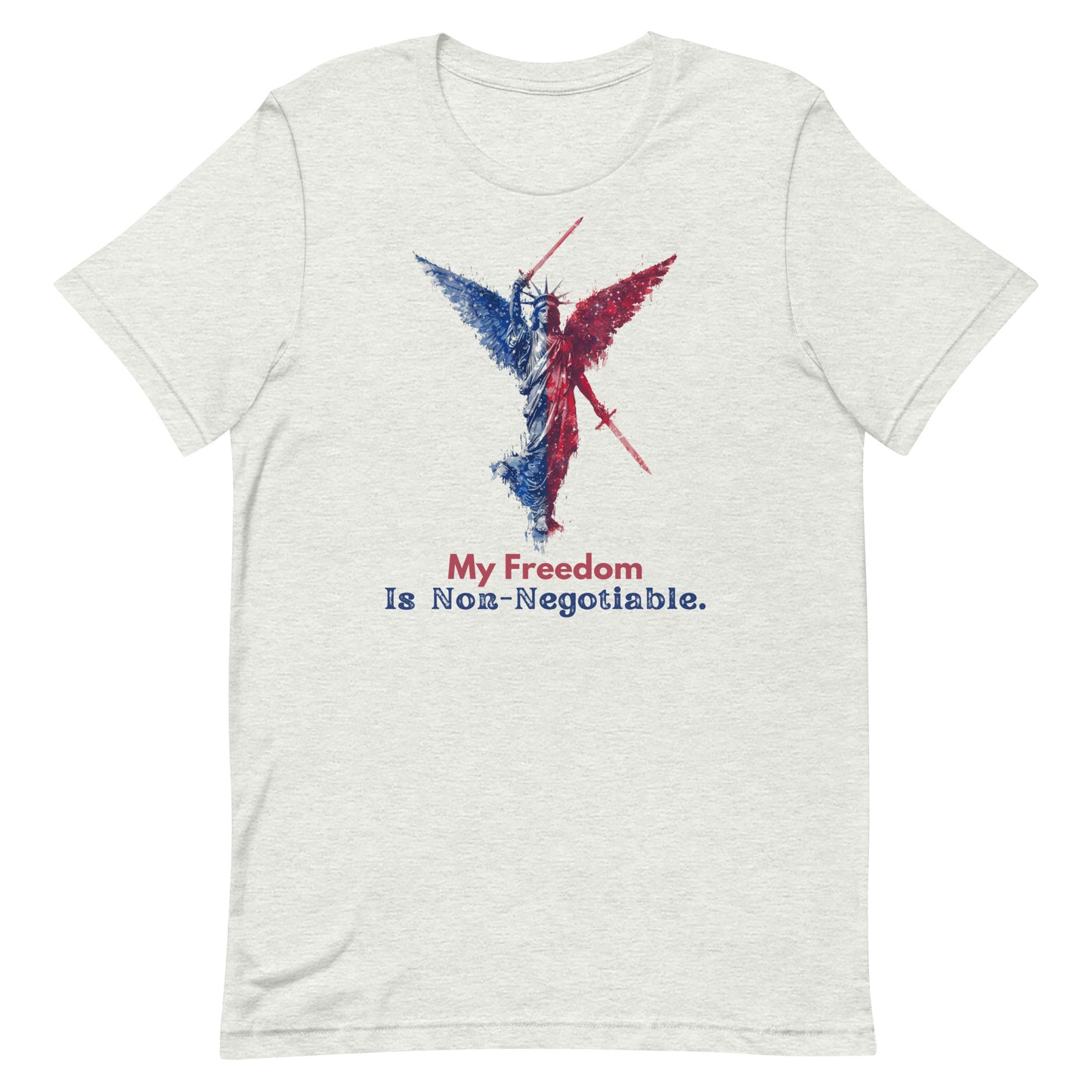 Proudly display your patriotism with the bold statement, "My freedom is non-negotiable." Made with luxurious Bella Canvas material, this t-shirt is the perfect blend of style and comfort. A must-have for any fashion-forward patriot.