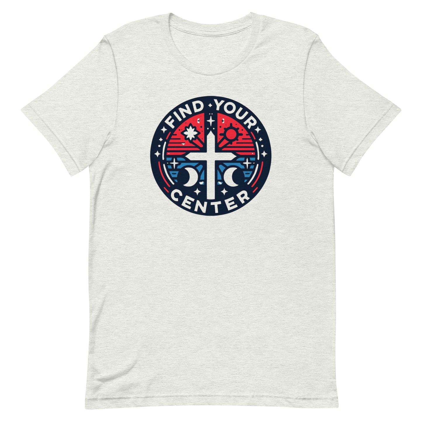 Cross with astrology symbols red white and blue graphic design t shirt