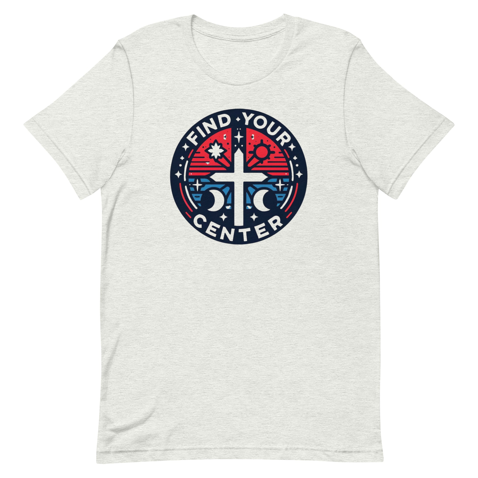 Cross with astrology symbols red white and blue graphic design t shirt