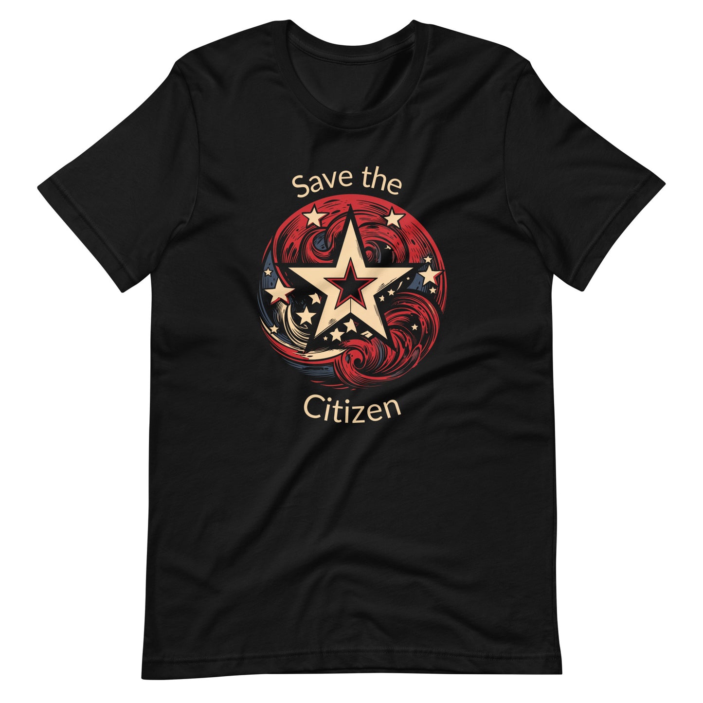 Save the citizen with a star and swirling red waves. Black tshirt