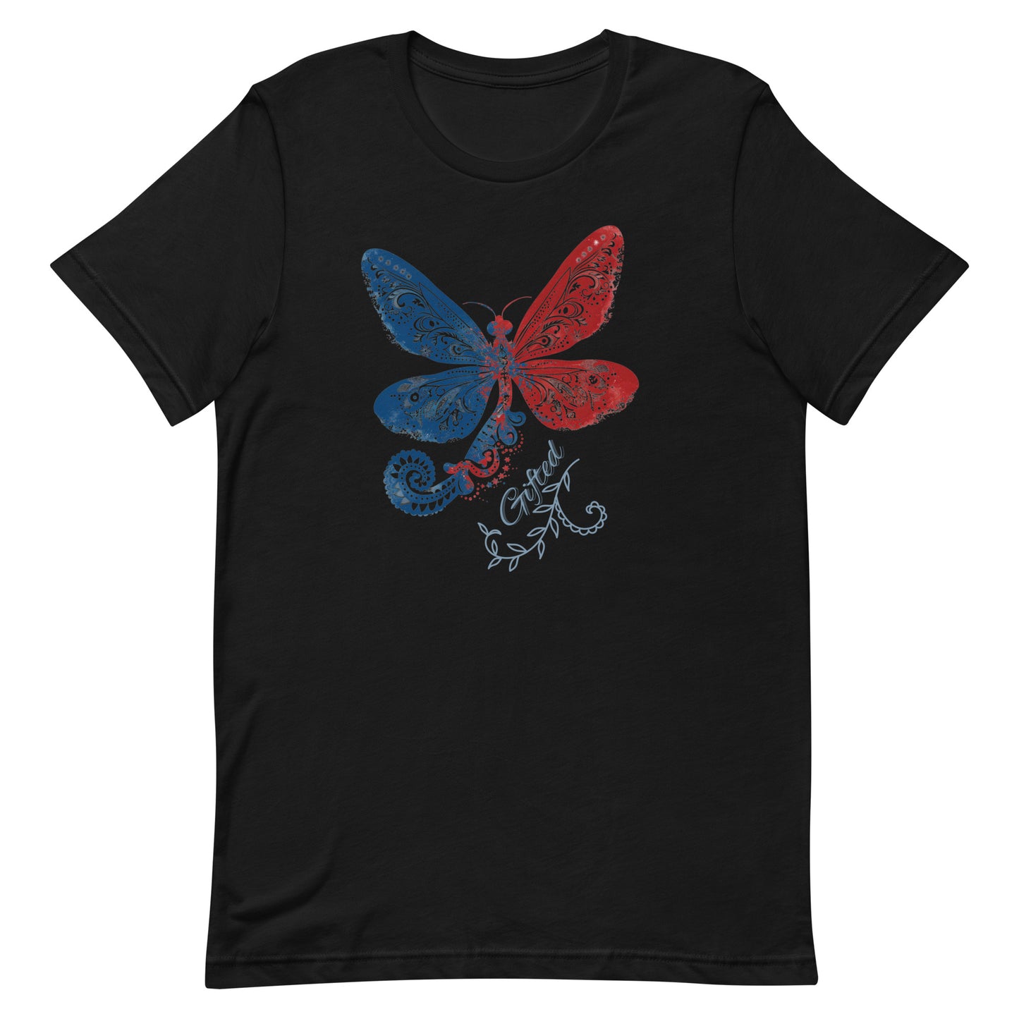 red white and blue believer tshirt with an image of a dragonfly