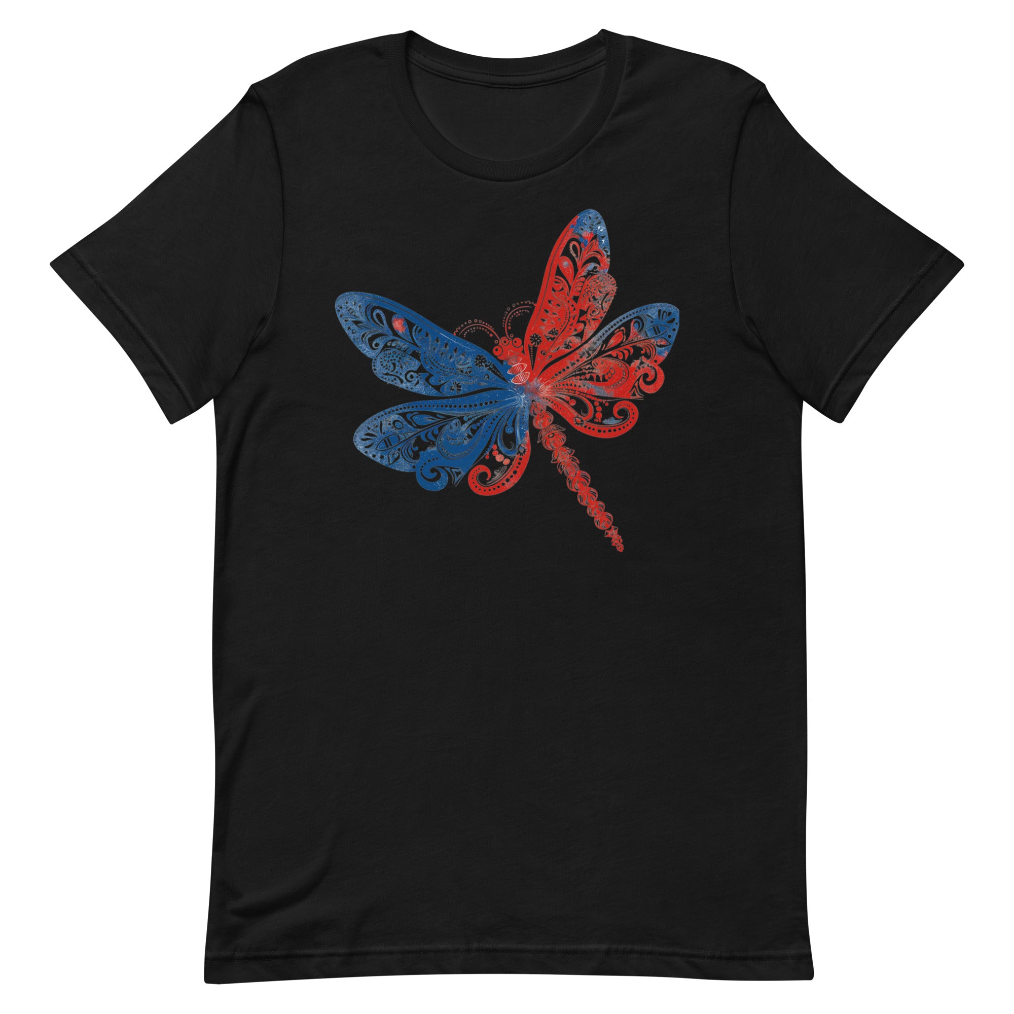 This tshirt has a vibrant red, white, and blue design featuring a graceful dragonfly is sure to catch attention.