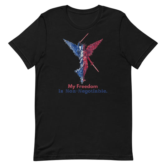 Proudly display your patriotism with the bold statement, "My freedom is non-negotiable." Made with luxurious Bella Canvas material, this t-shirt is the perfect blend of style and comfort. A must-have for any fashion-forward patriot.