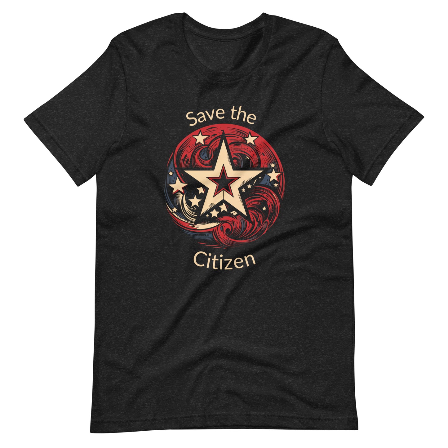 Save the citizen with a star and swirling red waves.  This tee shirt is black heather, so not full black.