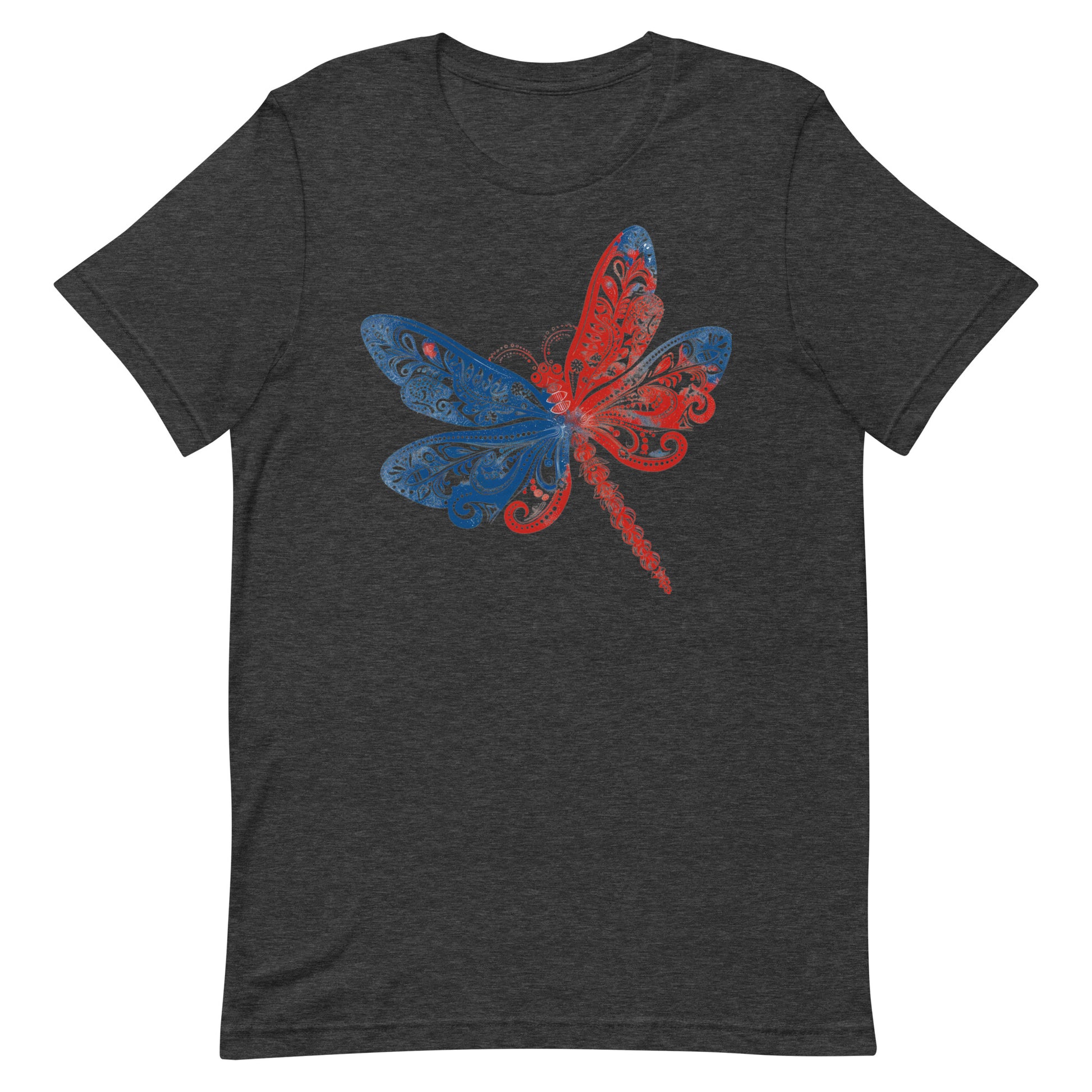 This tshirt has a vibrant red, white, and blue design featuring a graceful dragonfly is sure to catch attention.