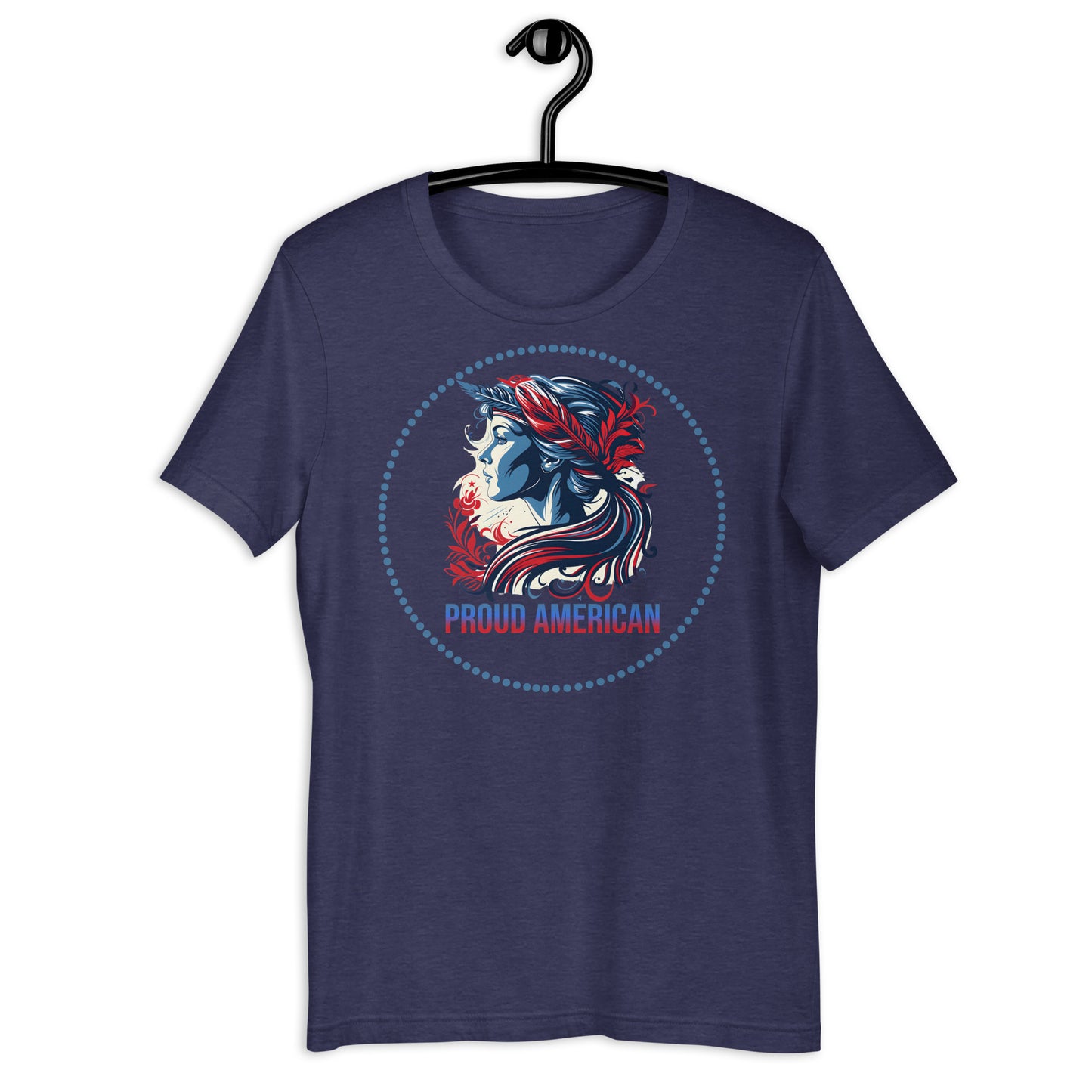 Proud American woman on a midnight HEATHER navy tshirt.