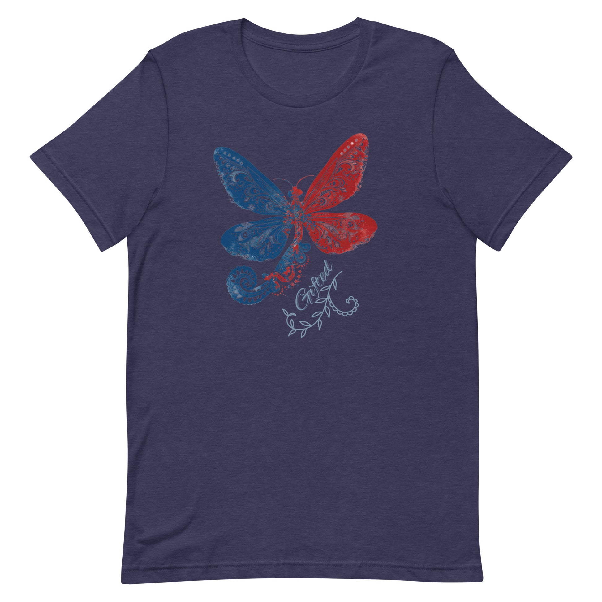 red white and blue believer tshirt with an image of a dragonfly