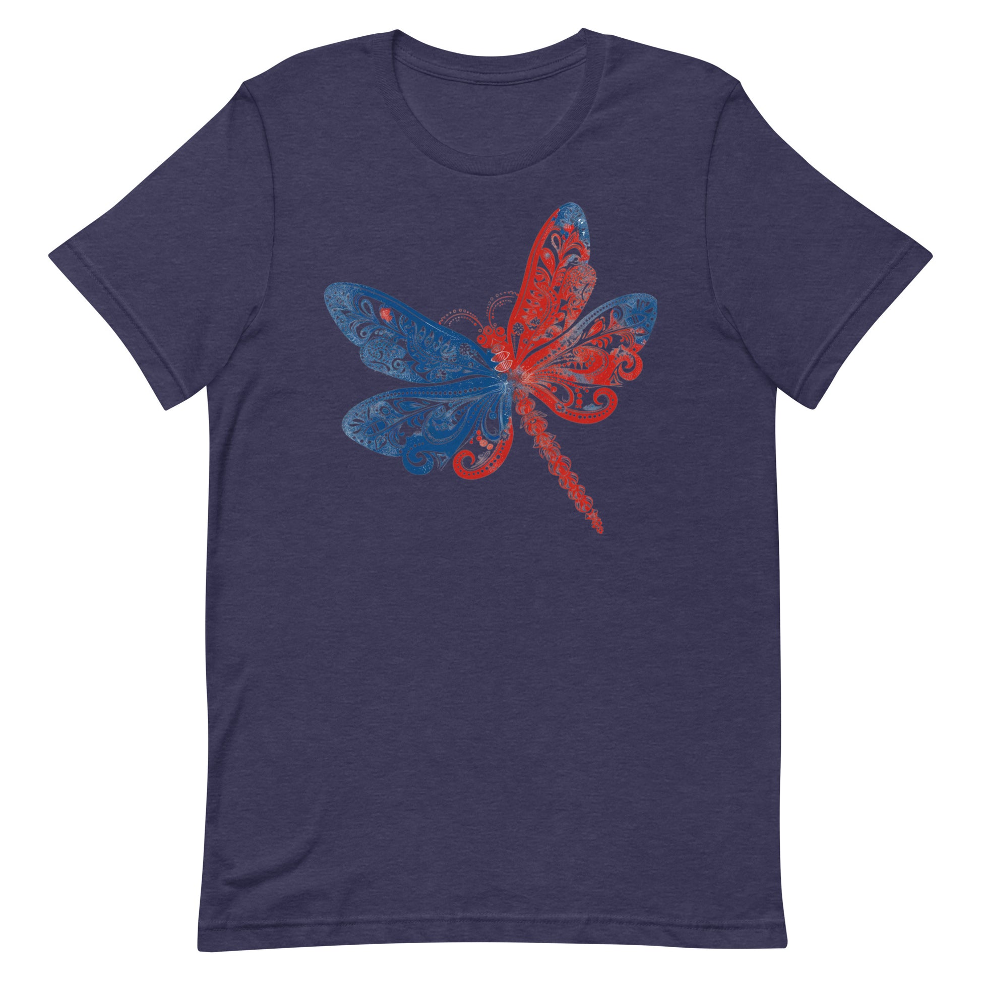 This tshirt has a vibrant red, white, and blue design featuring a graceful dragonfly is sure to catch attention.