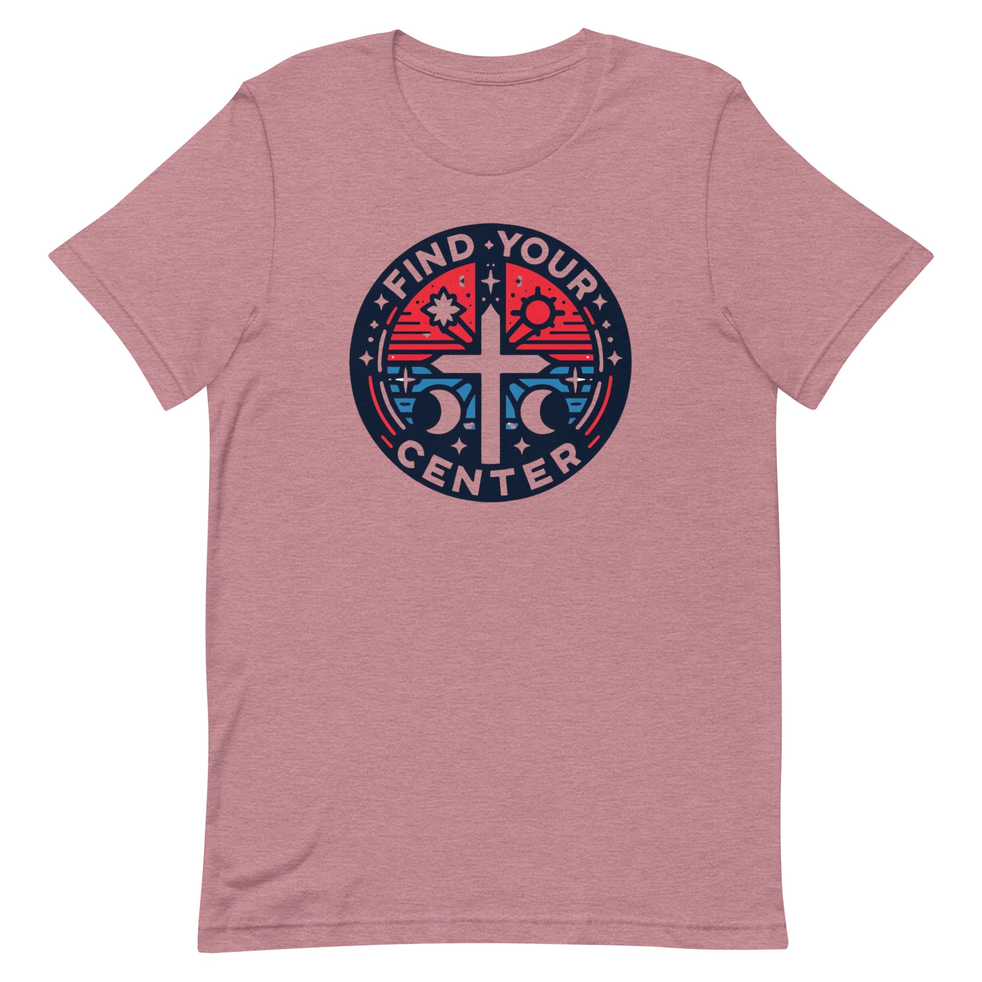 Cross with astrology symbols red white and blue graphic design t shirt