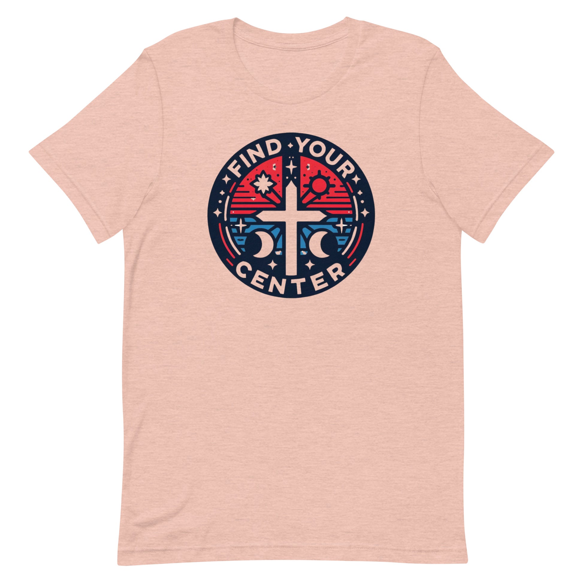 Cross with astrology symbols red white and blue graphic design t shirt